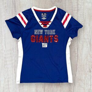 NFL Team Apparel NY Giants Sequin Red Blue Lace Up V-Neck T-Shirt Top Women's L